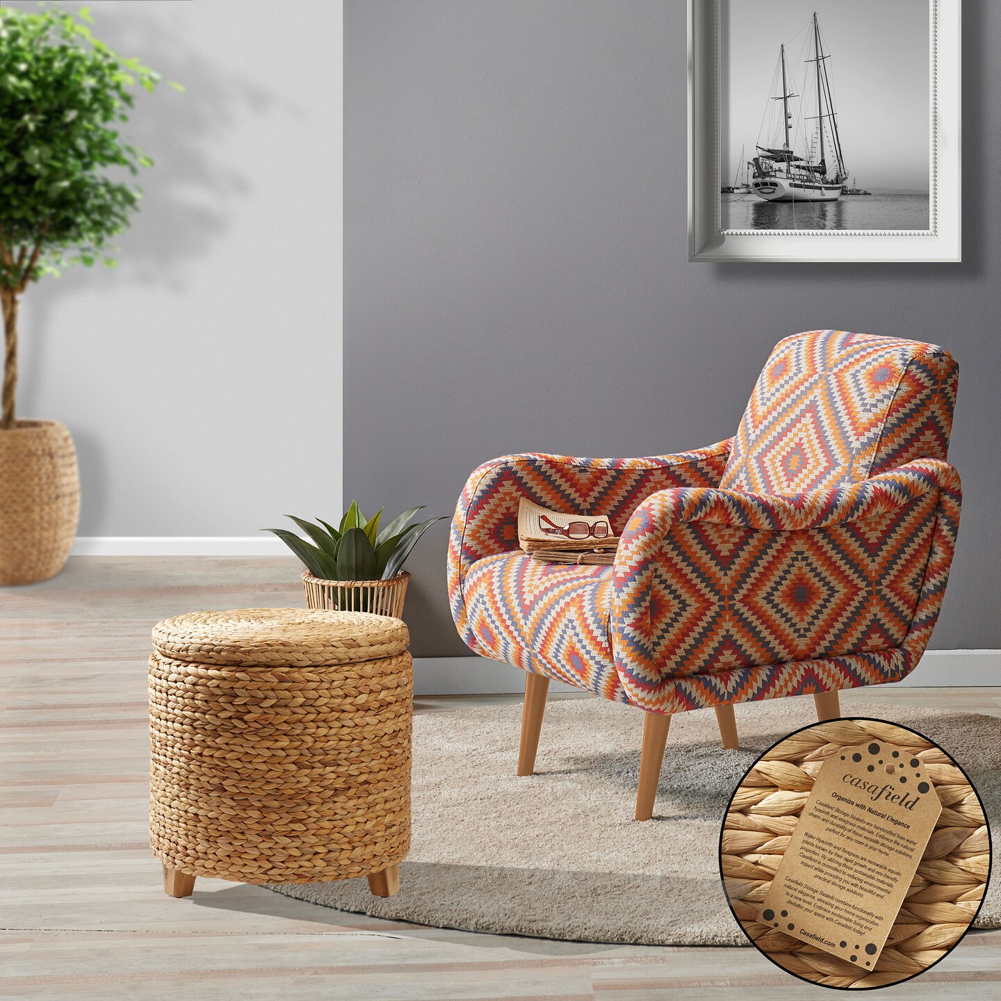 Casafield 17&#x22; Round Storage Ottoman with Lid, Handwoven Water Hyacinth Footstool for Living Room, Bedroom, Bathroom, Home Office