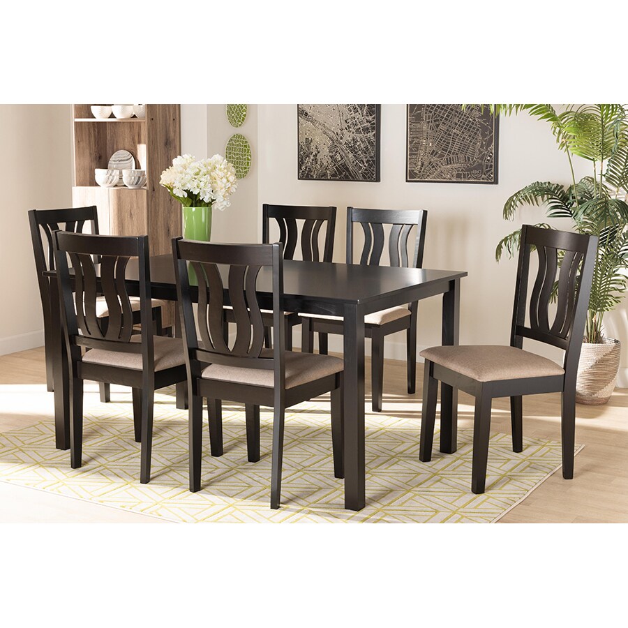 Wholesale Interiors Baxton Studio Fenton Modern and Contemporary Sand Fabric Upholstered and Dark Brown Finished Wood 7 Piece Dining Set