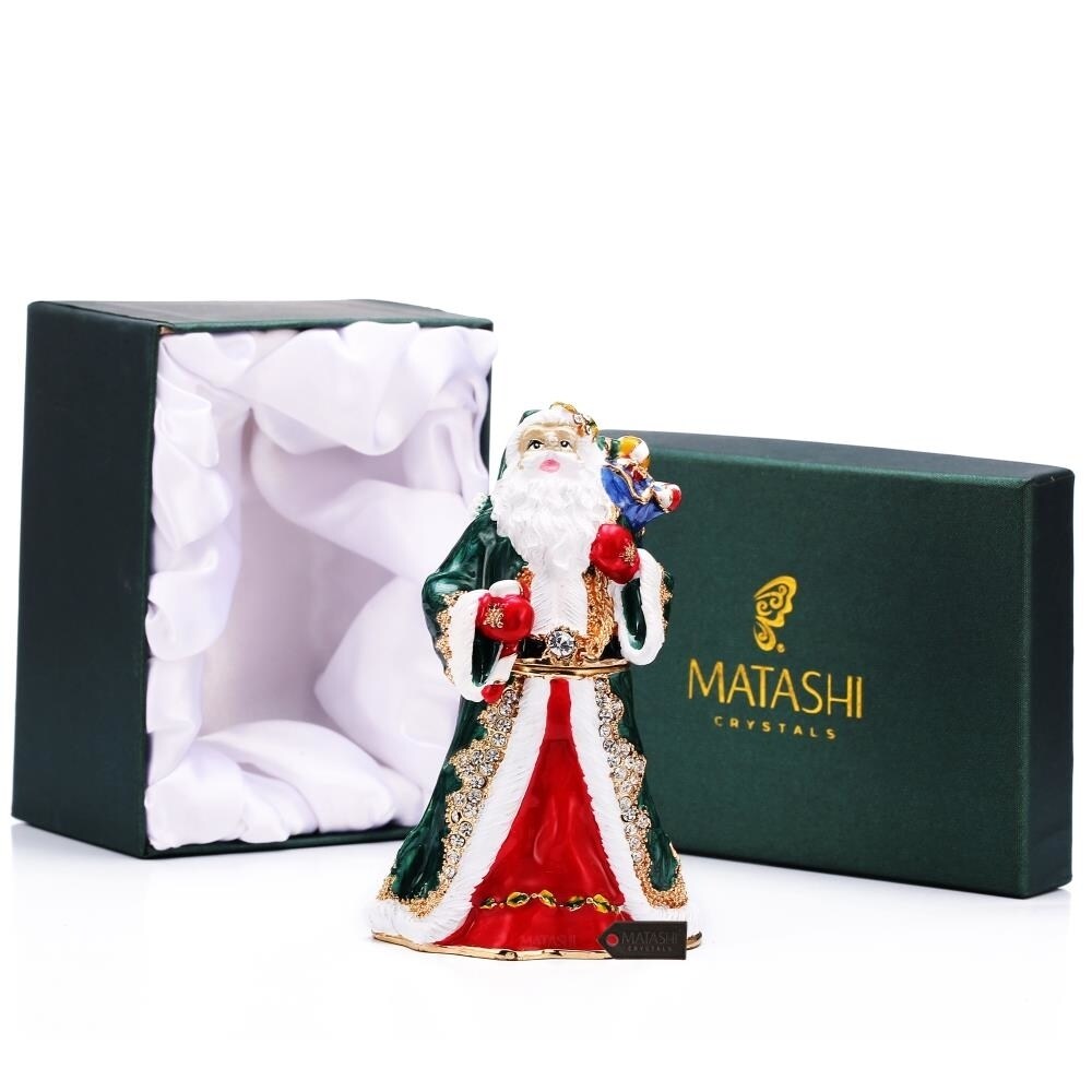 Matashi Hand Painted Gift Bearing Santa Ornament/Trinket Box Embellished with 24K Gold and fine Crystals by