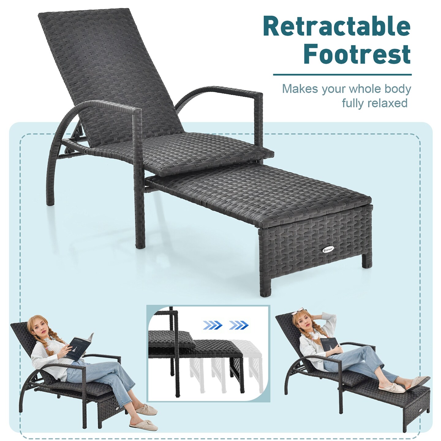 Costway Patio Wicker Elastic Sponge Lounge Chair Back Adjustable with Retractable Ottoman