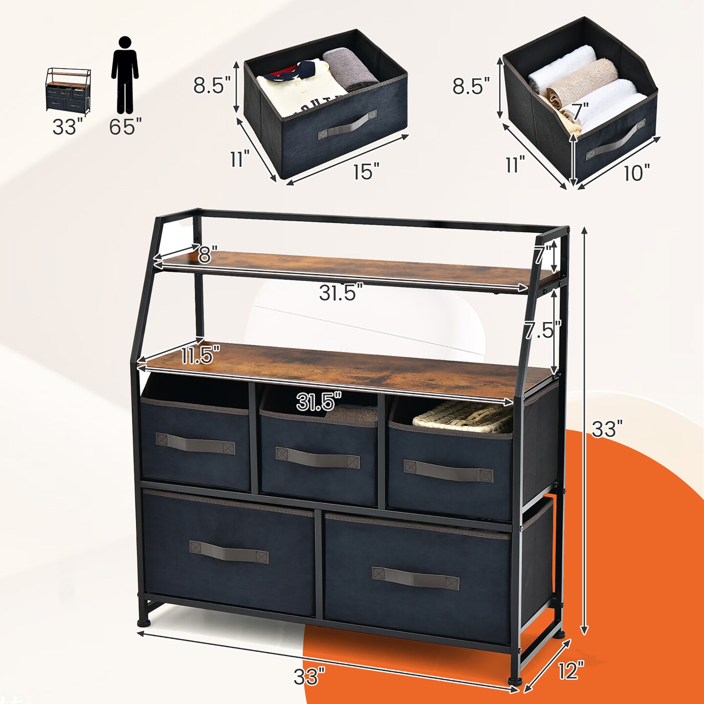 Costway 5-Drawer Storage Dresser Organizer Unit with  Fabric Bin for Living Room Bedroom