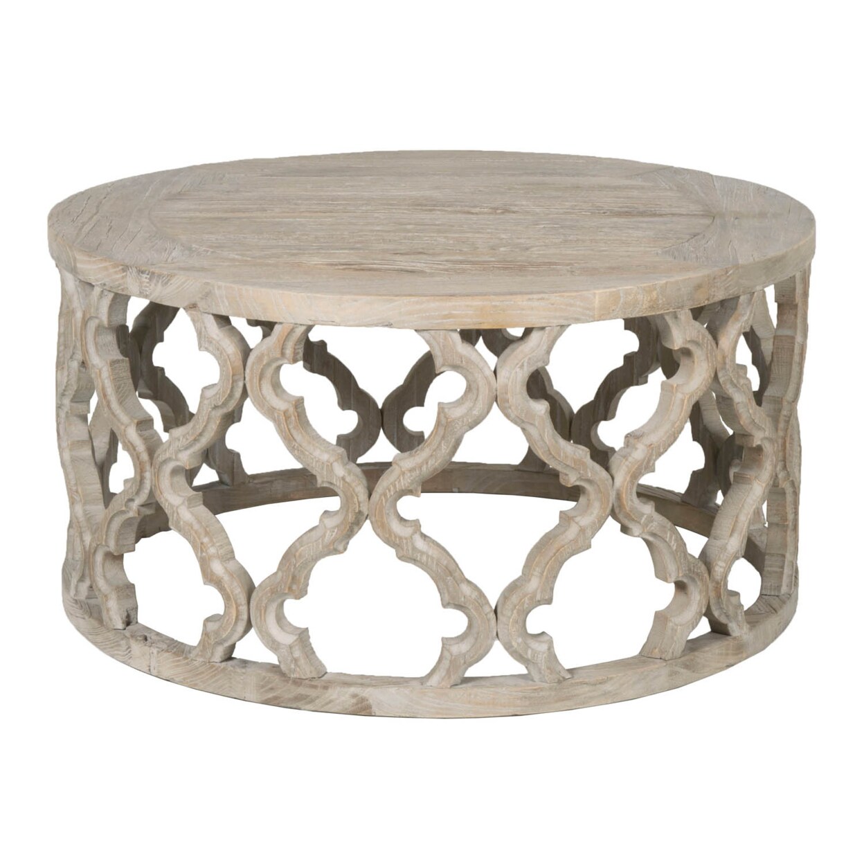 Saltoro Sherpi Round Wooden Coffee Table In Quatrefoil Design, Brown-