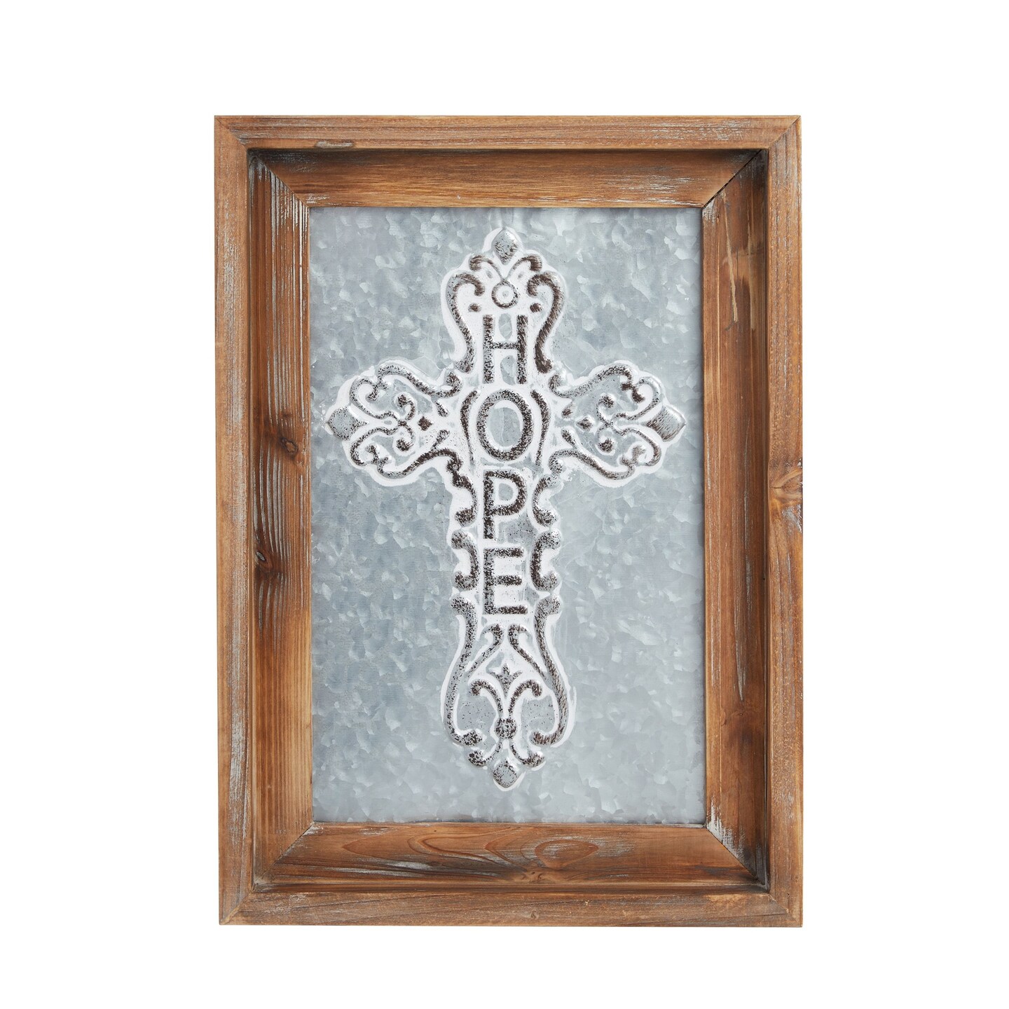Galvanized Metal Cross, Wooden Religious Christian Hope Wall Decor (12 x 16 In)