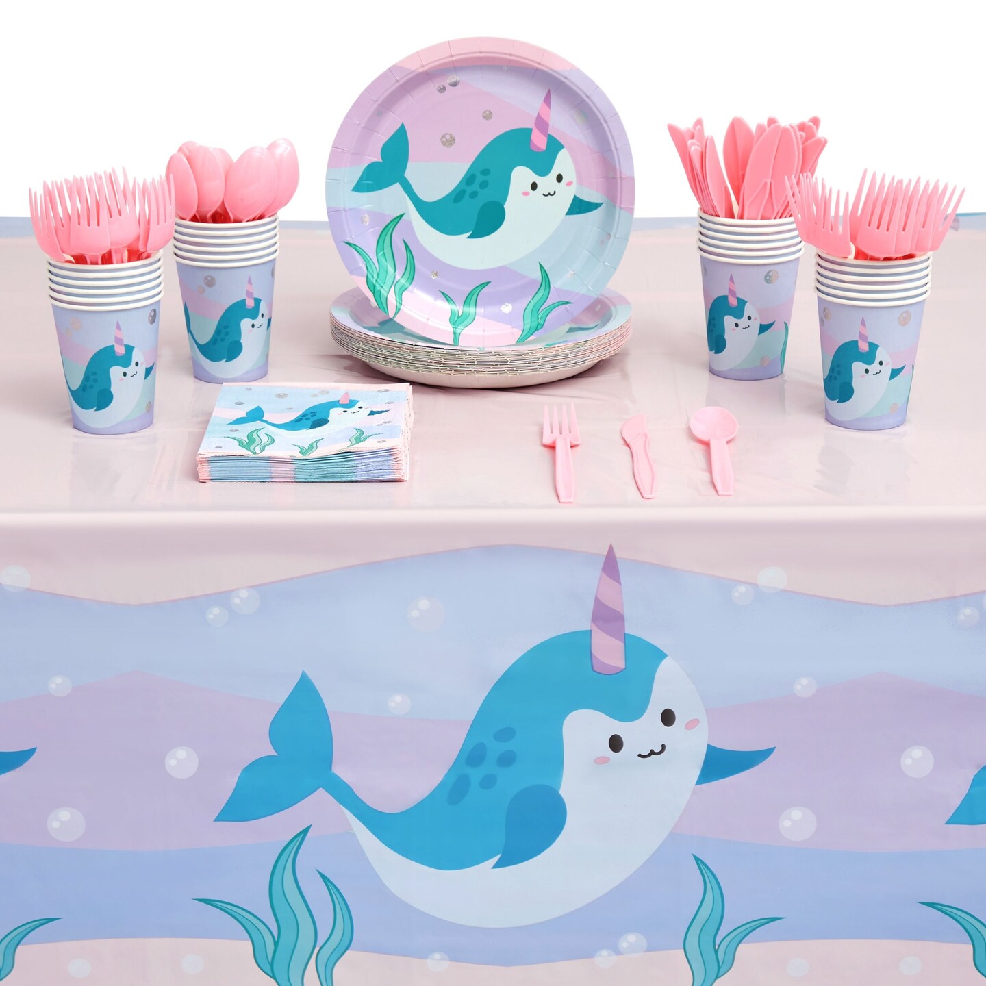 Narwhal Party Pack, Plates, Napkins, Cups, Cutlery, Tablecloth (Serves 24, 145 Pieces)