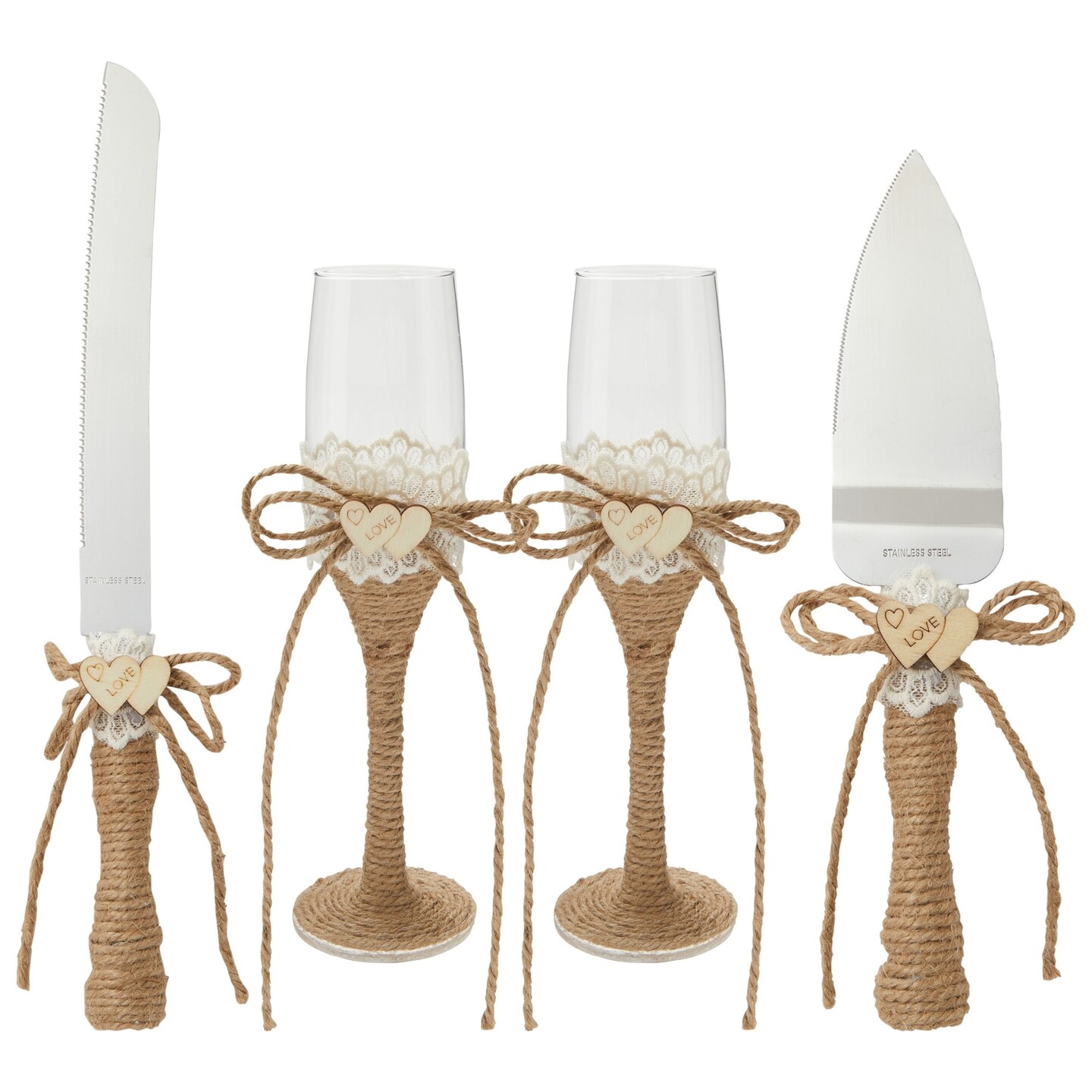 4 Piece Rustic-Style Wedding Cake Knife and Server Set with Champagne Glasses for Bride and Groom, Farmhouse Theme Reception, Country Decorations