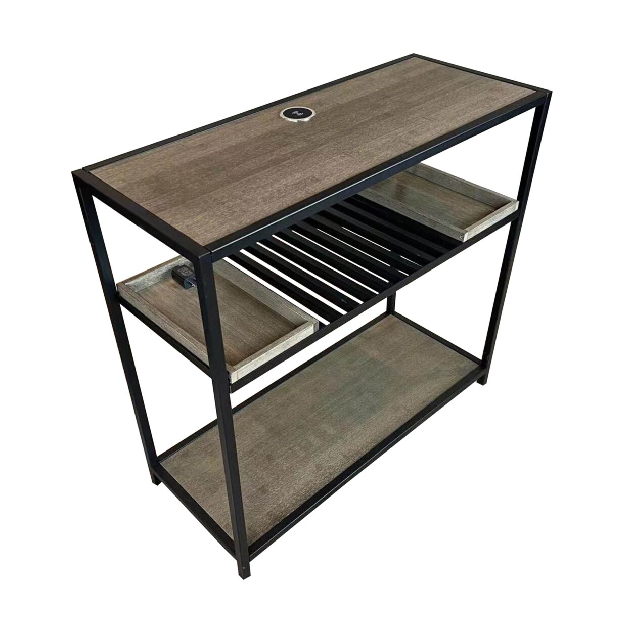 Eccostyle   Solid Bamboo and Steel Frame Console Table W Wireless USB Charger - Brushed Gray