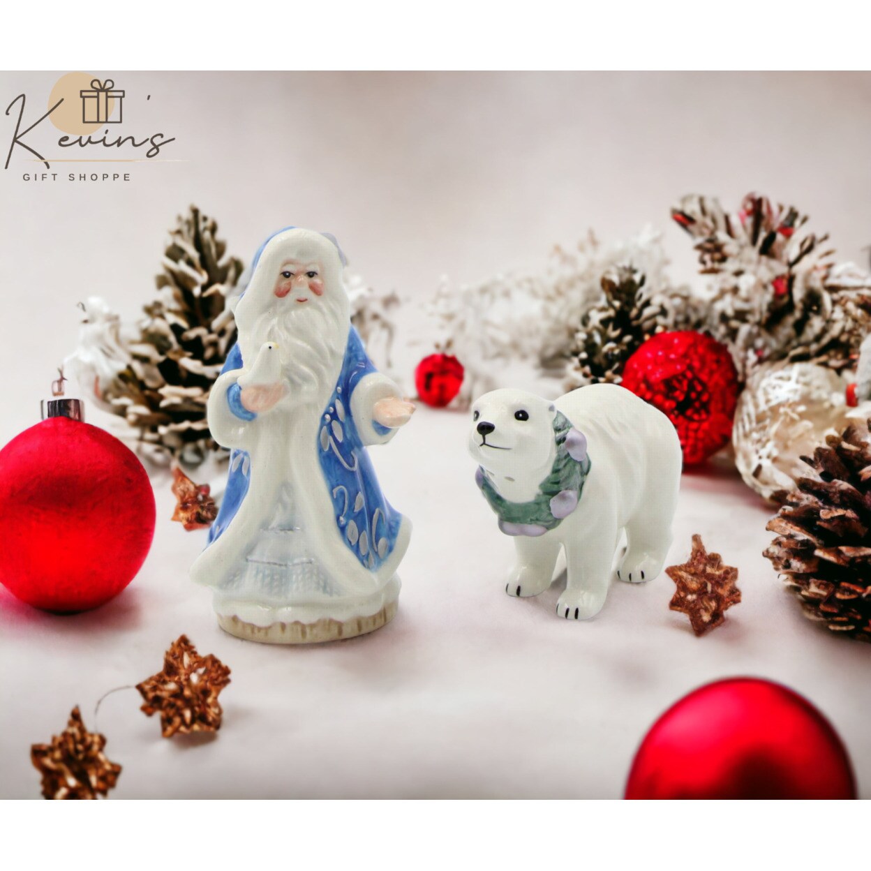 kevinsgiftshoppe Ceramic Blue Santa and Polar Bear Salt And Pepper Shakers Home Decor   Kitchen Decor Christmas Decor