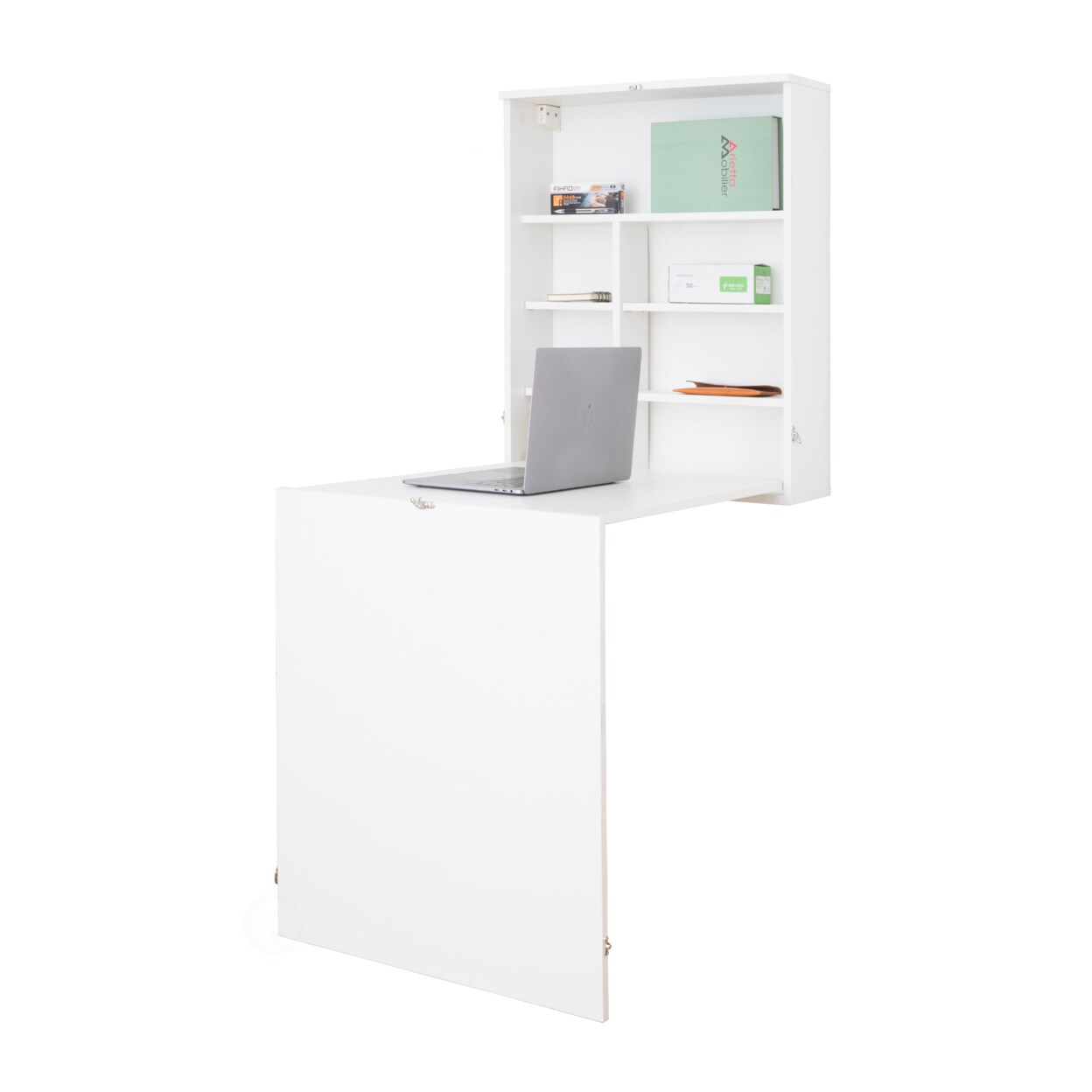 Wall Mount Folding Desk With Shelves Durable Wood Space Saver Office Kitchen