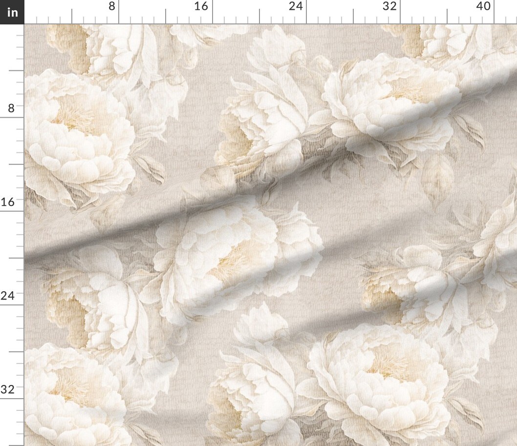 Boho Cottagecore Peony Floral Neutral Flowers Large Scale Classic Custom Printed Fabric by Spoonflower Various Fabrics by the Yard or Fat Quarter
