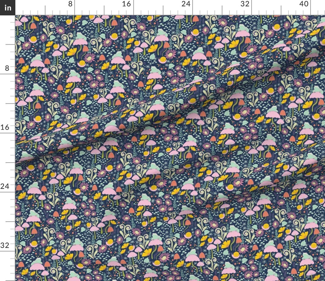 Whimsical Forest Blue Snails Frogs Mushrooms Small Scale Custom Printed Fabric by Spoonflower Various Fabrics by the Yard or Fat Quarter