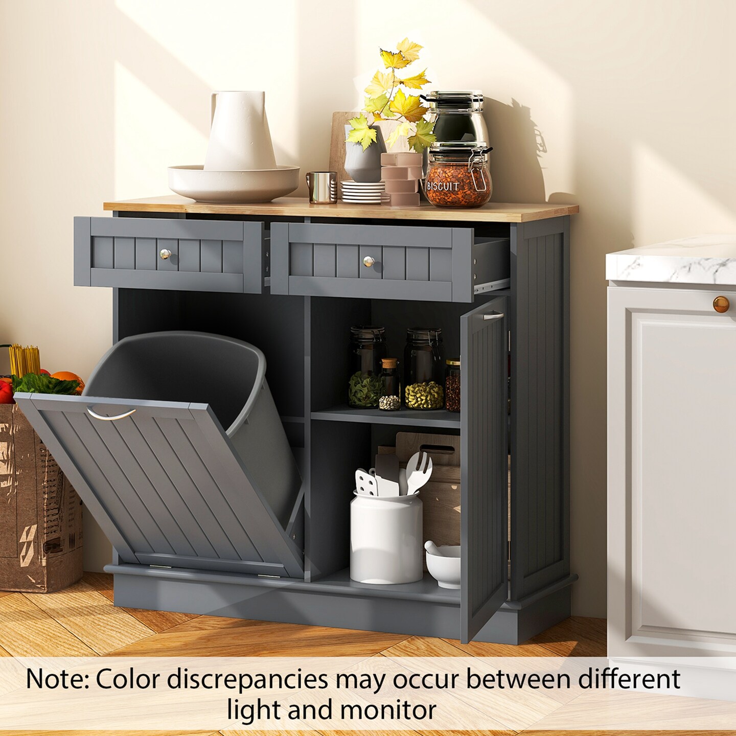 Costway Wooden Kitchen Trash Cabinet Tilt Out Bin Holder w/ Drawer &#x26; Storage Shelf