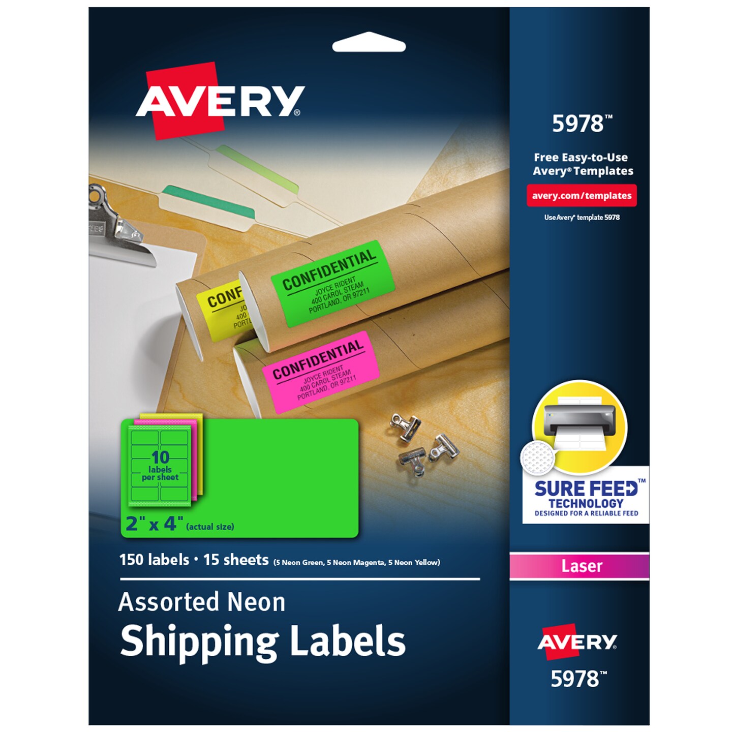 Avery Neon Shipping Labels with Sure Feed for Laser Printers, 2&#x22;x4&#x22;, Assorted Colors, 150 Labels (5978)