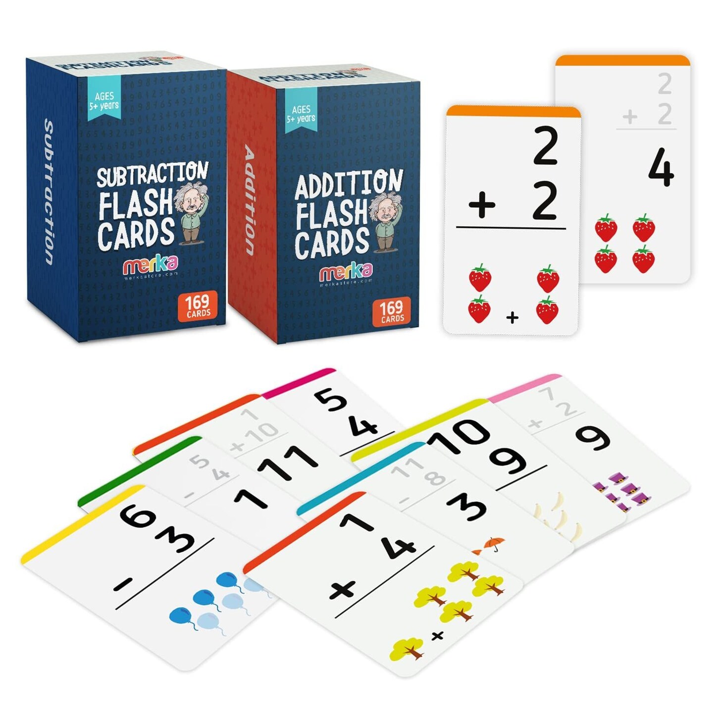 merka Educational Math Flash Cards: Learning &#x26; Toy Card Game for Kids, Mastering Mathematics, For Classroom &#x26; Homeschool Use, 2 Sets with 169 Cards Each, For 1st to 4th Graders, Addition &#x26; Subtraction