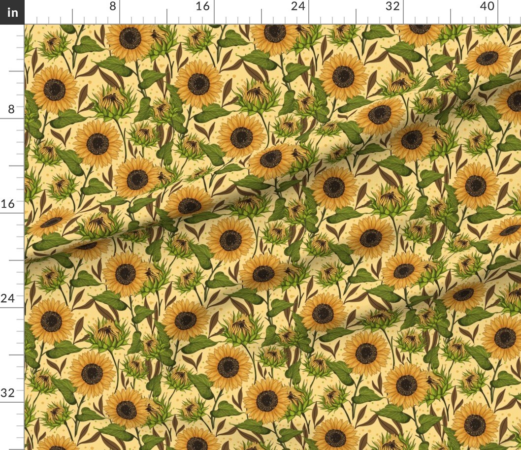 Sunflowers On Yellow Florals Green Summer Botanical Dots Nature Garden Custom Printed Fabric by Spoonflower Various Fabrics by the Yard or Fat Quarter