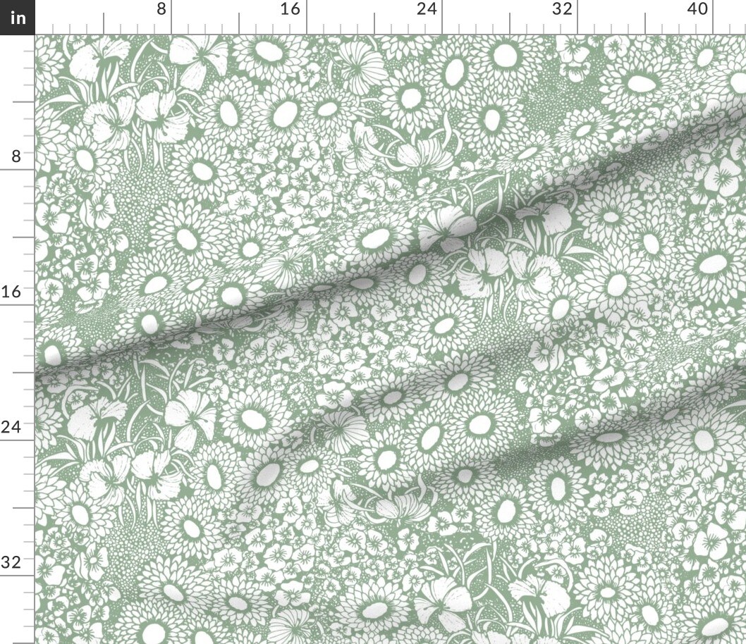 Sage Green Floral Monochrome Botanical Peaceful Nature Large Scale Custom Printed Fabric by Spoonflower Various Fabrics by the Yard or Fat Quarter