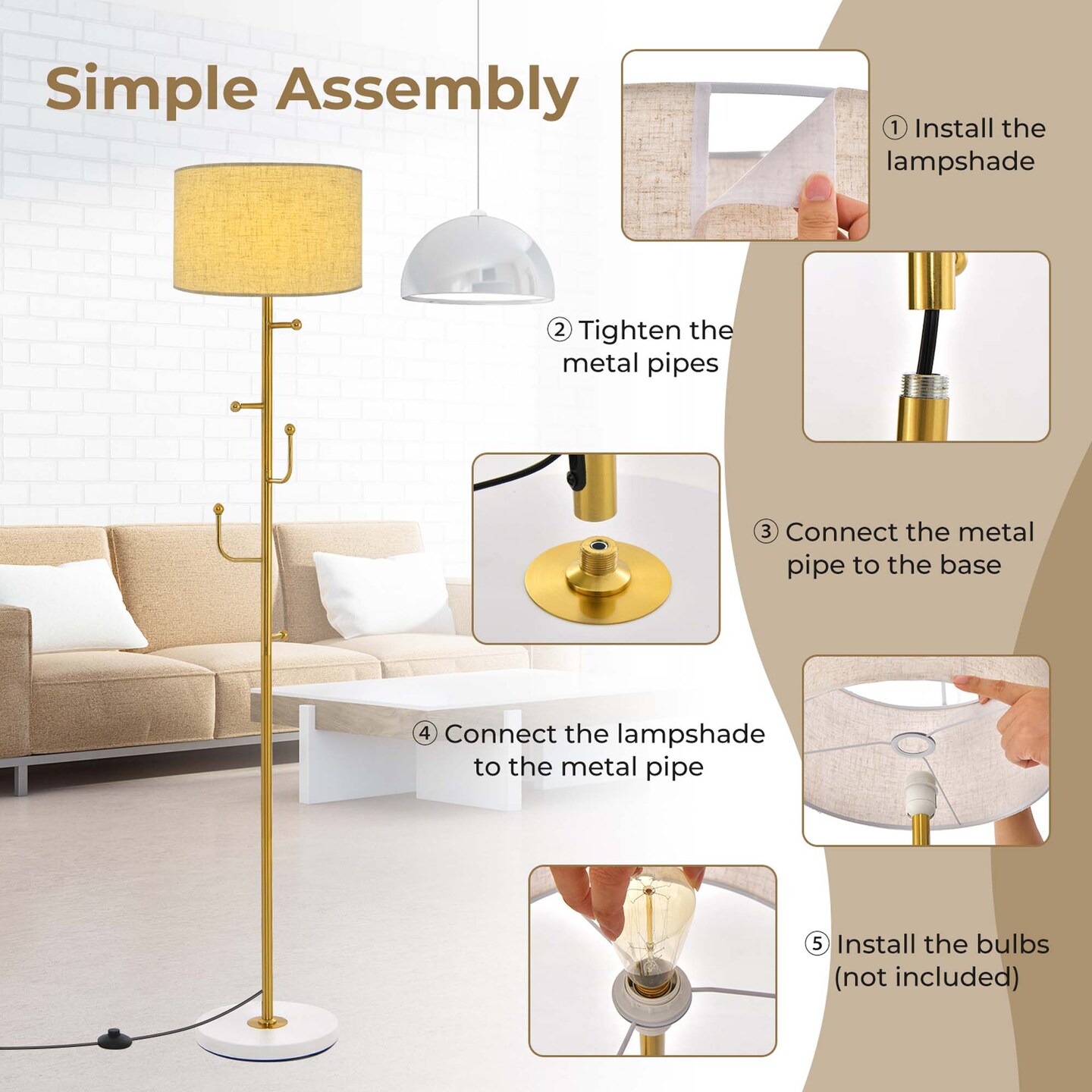 Costway Floor Lamp with Coat Rack 5 Hooks Foot Switch Weighted Base Bedroom Living Room