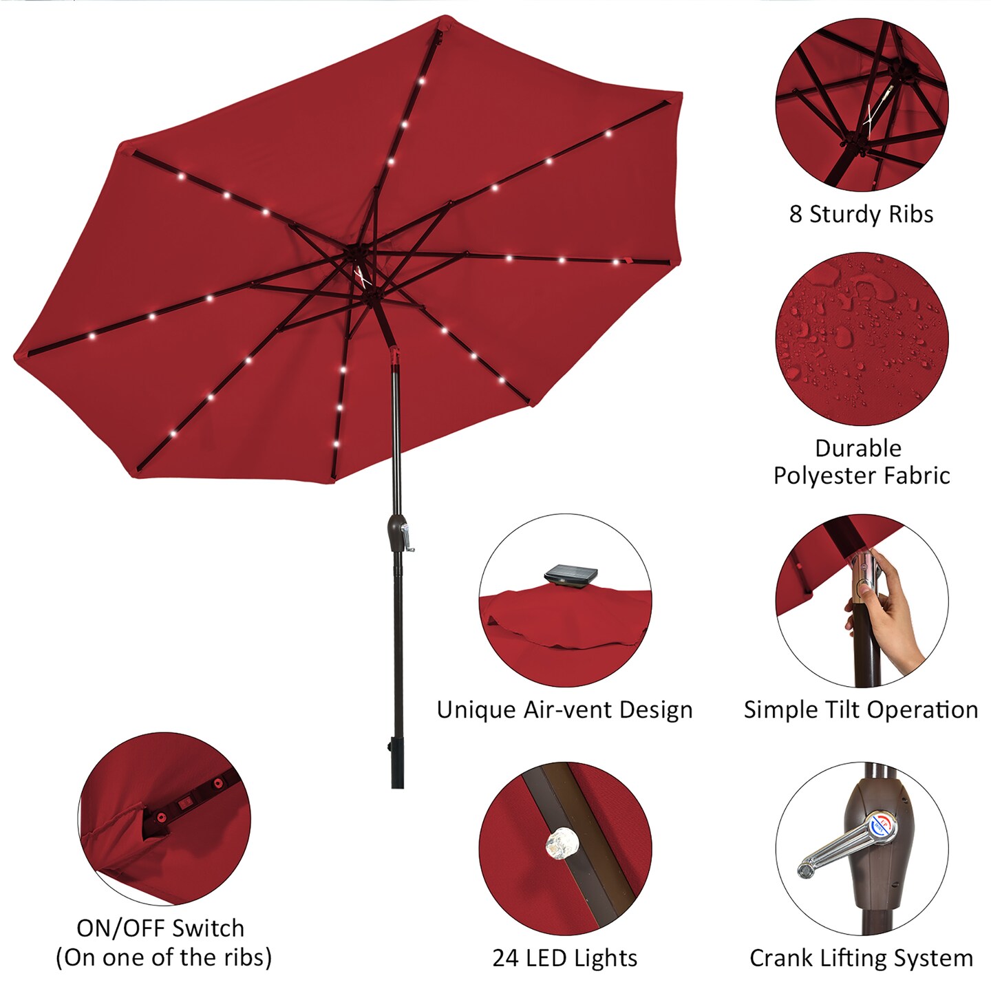 Costway 10ft Patio Solar Umbrella LED Patio Market Steel Tilt W/ Crank (Burgundy)