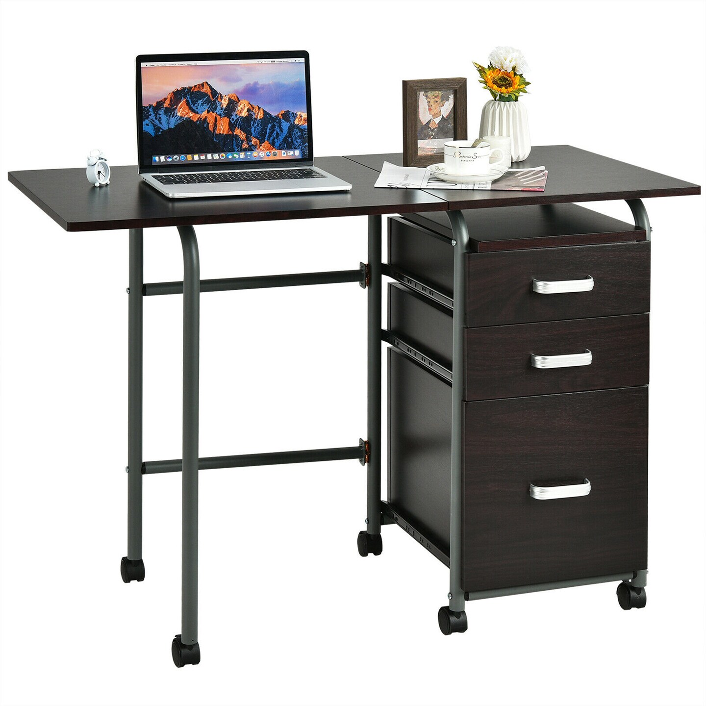 Costway Folding Computer Laptop Desk Wheeled Home Office Furniture w 3 Drawers Brown Natural