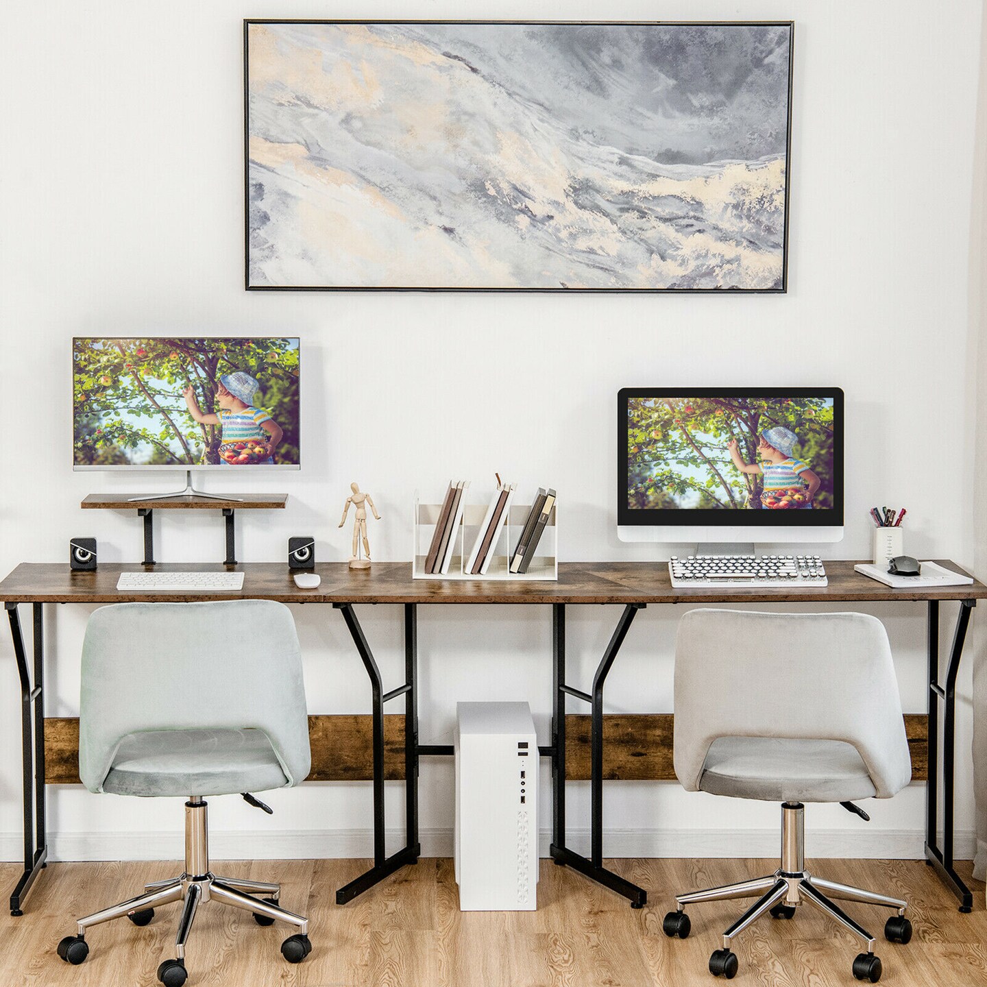 Costway 88.5&#x27;&#x27; L Shaped Reversible Computer Desk 2 Person Long Table Monitor Stand