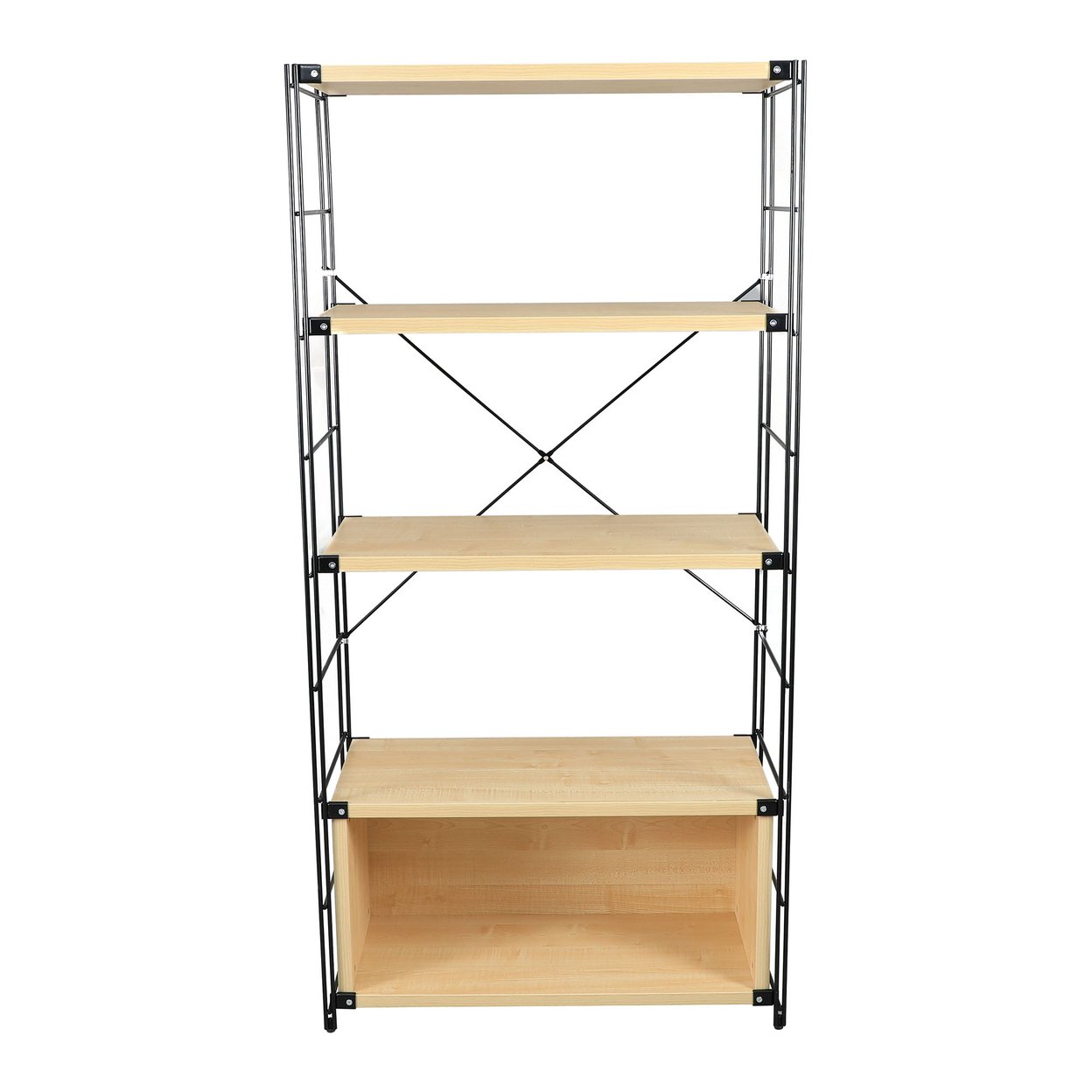 Leisuremod Brentwood Etagere Bookcase with Black Powder Coated Steel Frame And Melamine Board Shelves - Natural Wood