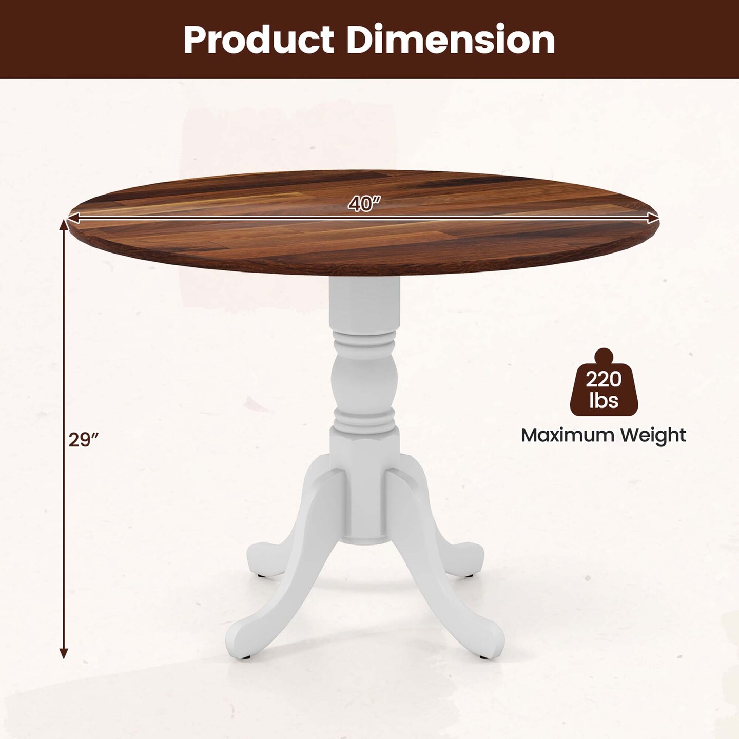 Costway Rustic Dining Table Wooden Dining Table with Round Tabletop & Curved Trestle Legs Natural/Walnut/Black/White/White&Walnut/White&Natural