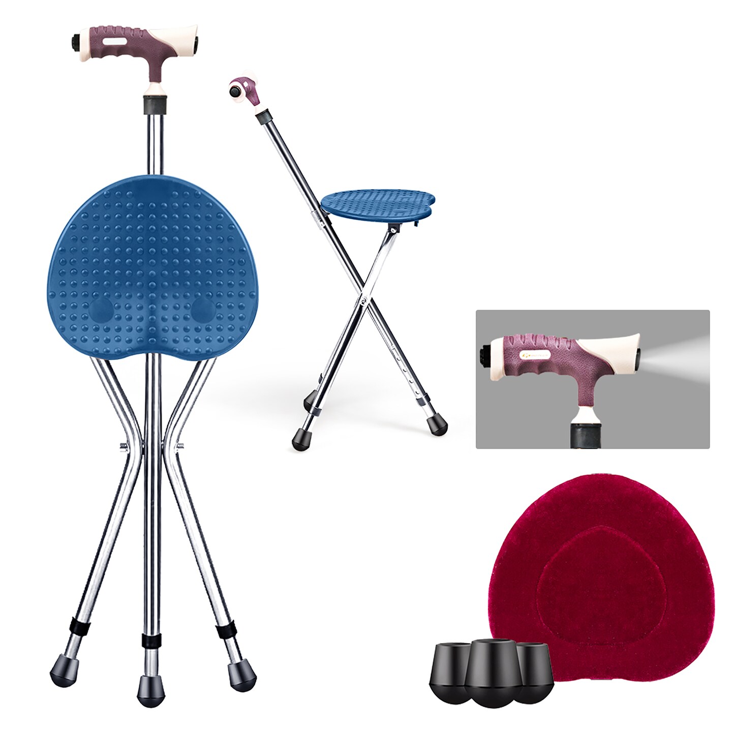 Goplus Adjustable Folding Cane Seat Aluminum Alloy Crutch Chair with Light Blue/Coffee/Black