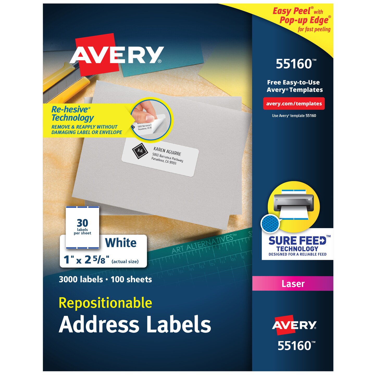 Avery Repositionable Address Labels, Repositionable Adhesive, 1&#x22; x 2-5/8&#x22;, 3,000 Labels (55160)
