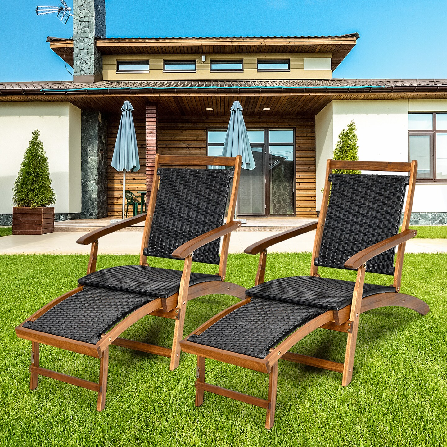 Costway 2PCS Patio Folding Rattan Lounge Chair Wood Frame Retractable Footrest