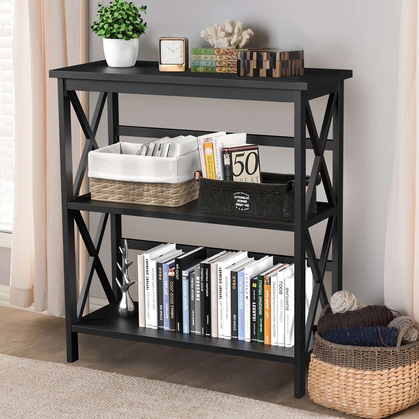 Costway Wooden Shelf Bookcase 3-Tier Open Bookshelf W/X-Design Freestanding Rack BlackBrownNaturalWhite