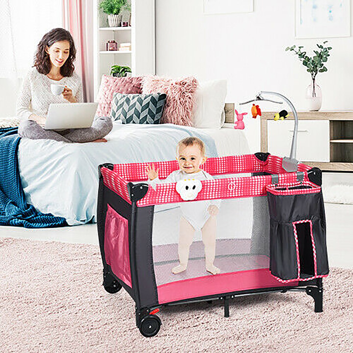 Costway foldable baby crib playpen travel infant bassinet bed mosquito net music w bag on sale