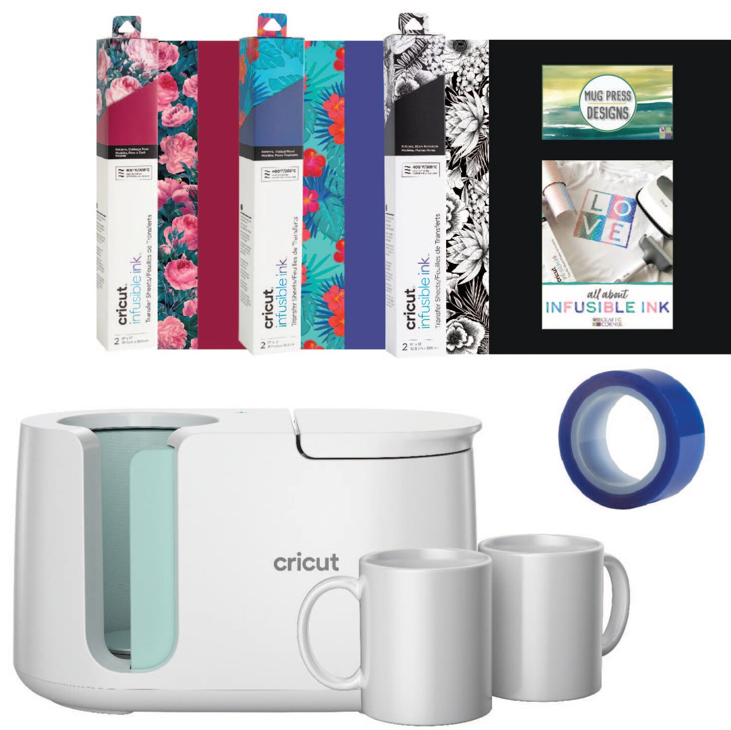 Cricut Mug Press Machine with Mug Blanks, Botanicals Transfer Sheets, and Heat Resistant Tape
