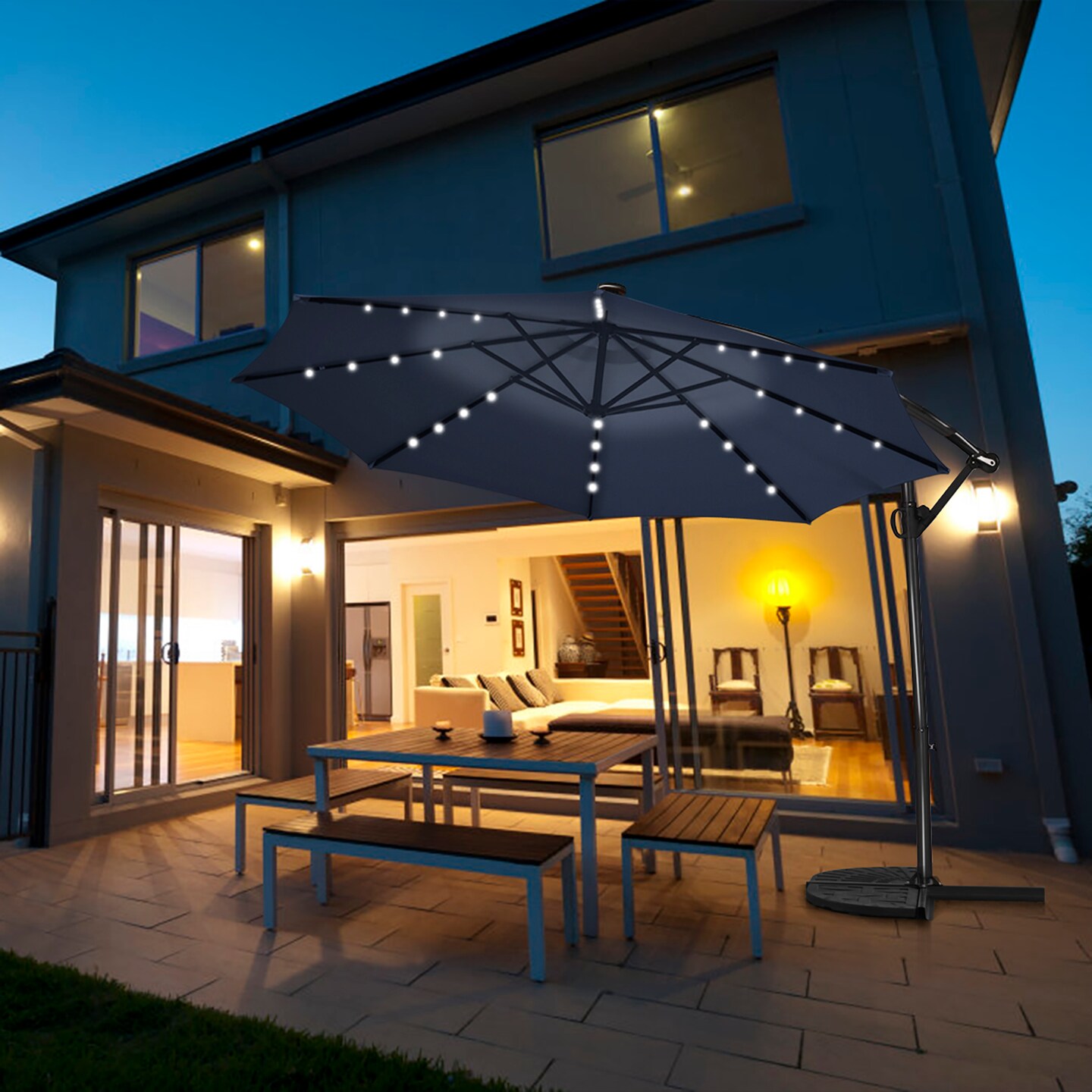 Costway 10FT Patio Offset Umbrella Solar Powered LED 360Degree Rotation Aluminum Navy