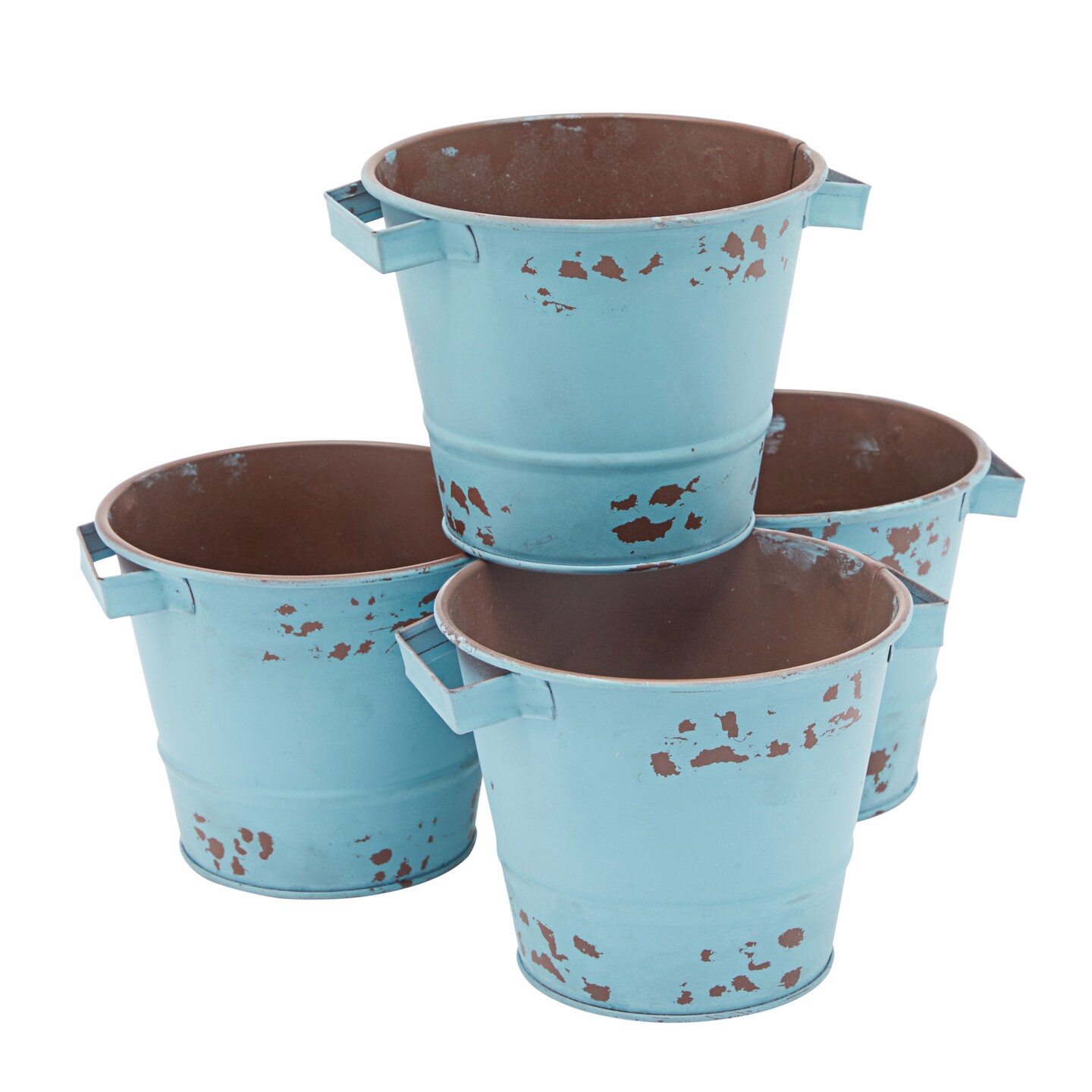 4 Pack Small Distressed Blue Metal Buckets, Rustic 4 Inch Tin Pails, Decorative Vintage Flower Pots for Gardening (5 x 4 In)
