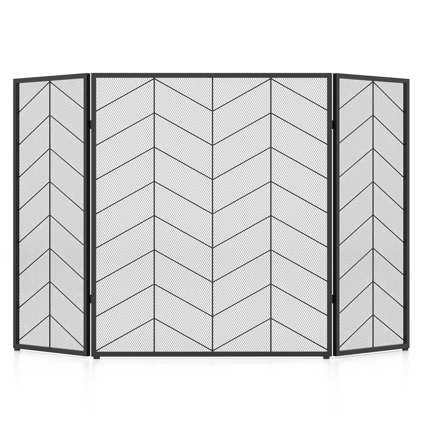 Costway 52 x 31 Inch Fireplace Screen 3-Panel Spark Guard with Chevron Herringbone Pattern