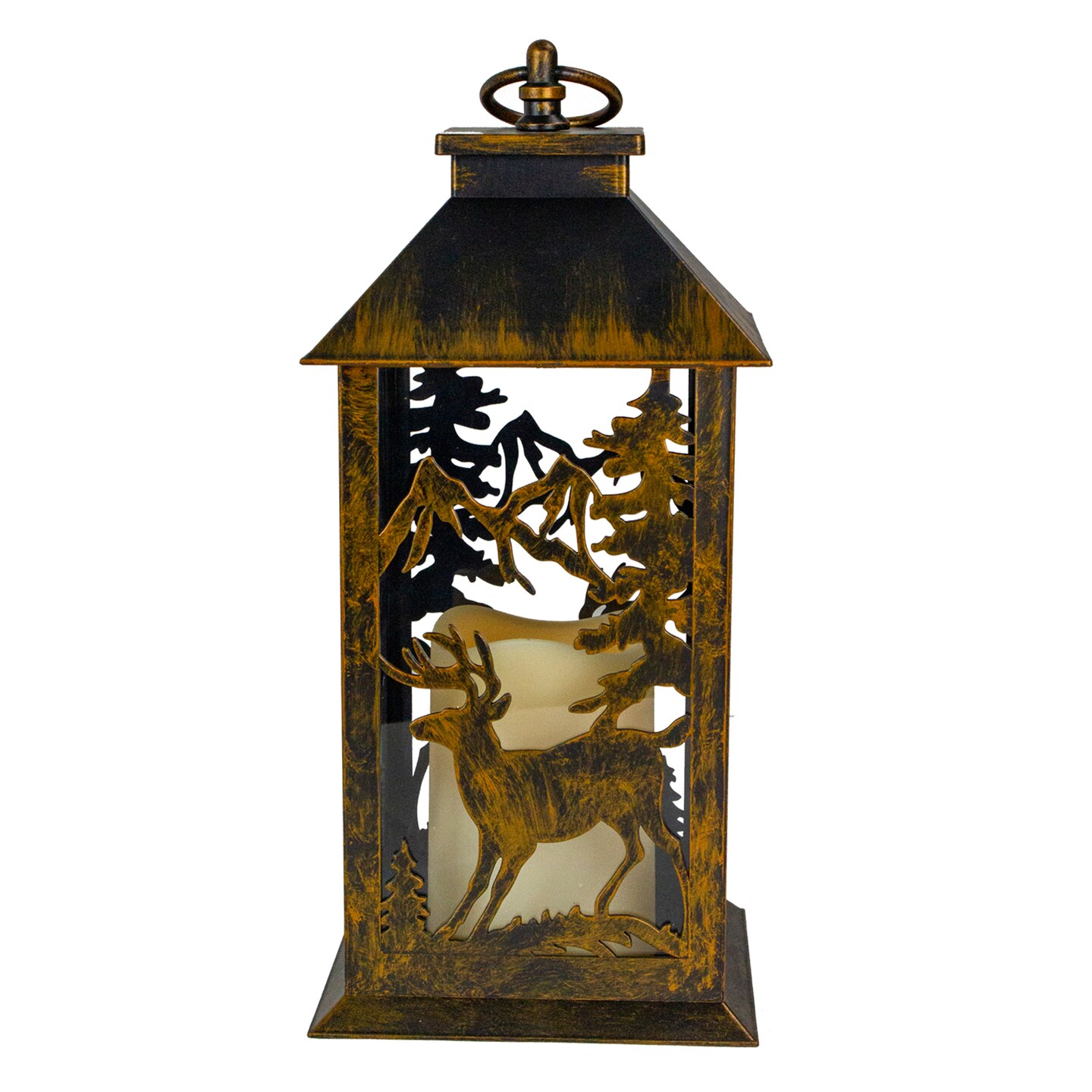 Northlight 13.5&#x22; Deer and Tree Christmas Lantern with Flameless LED Candle
