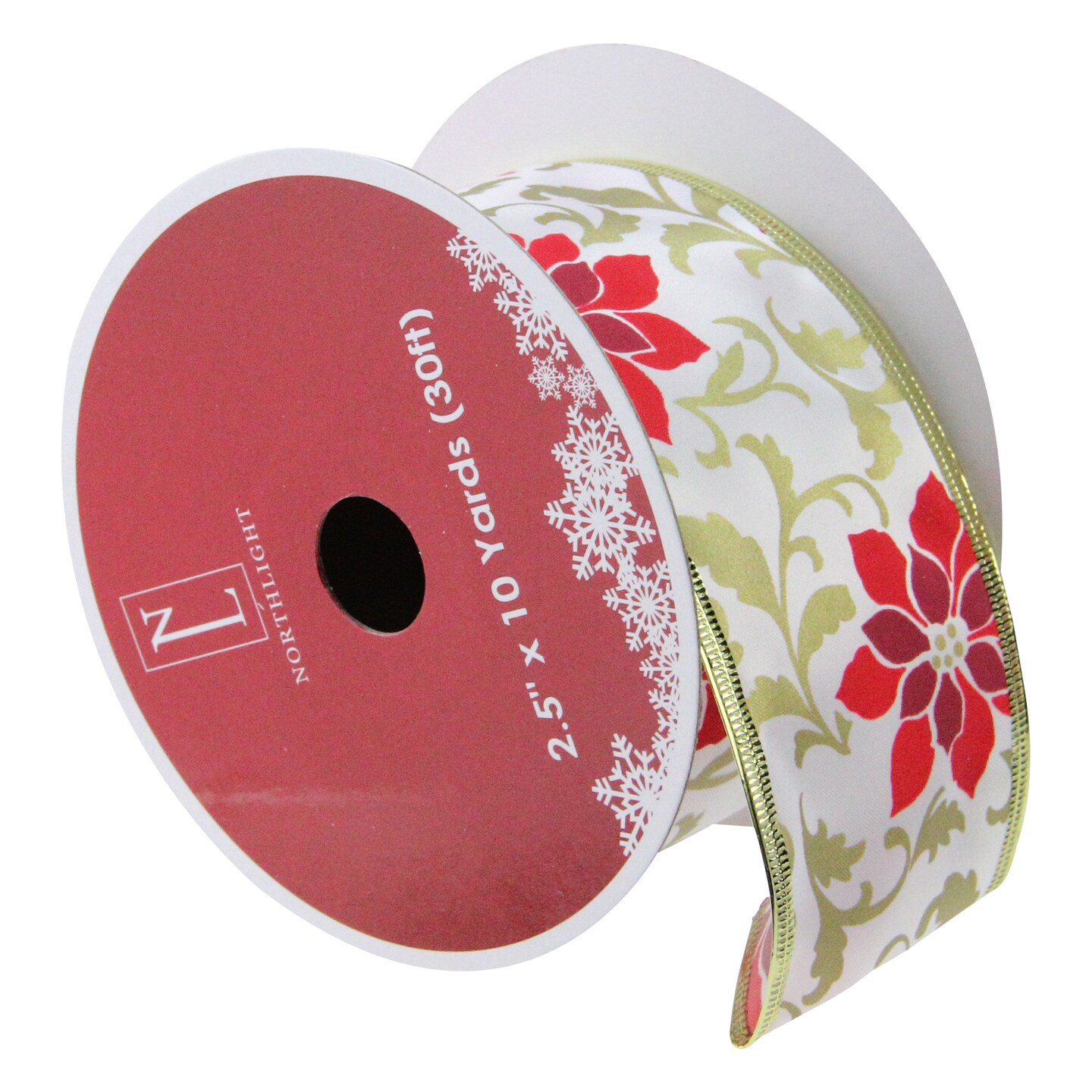 Northlight Red and Gold Poinsettia Print Wired Christmas Craft Ribbon 2.5&#x22; x 10 Yards