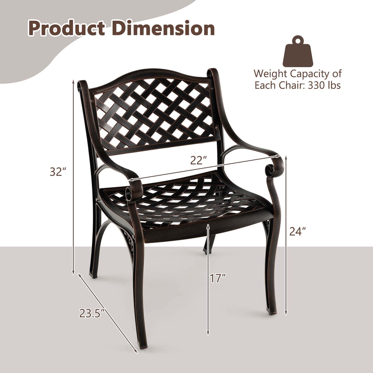 Costway 2/4 PCS Cast Aluminum Patio Chairs Set of 2 All Weather Outdoor Dining Chairs with Armrests Bronze