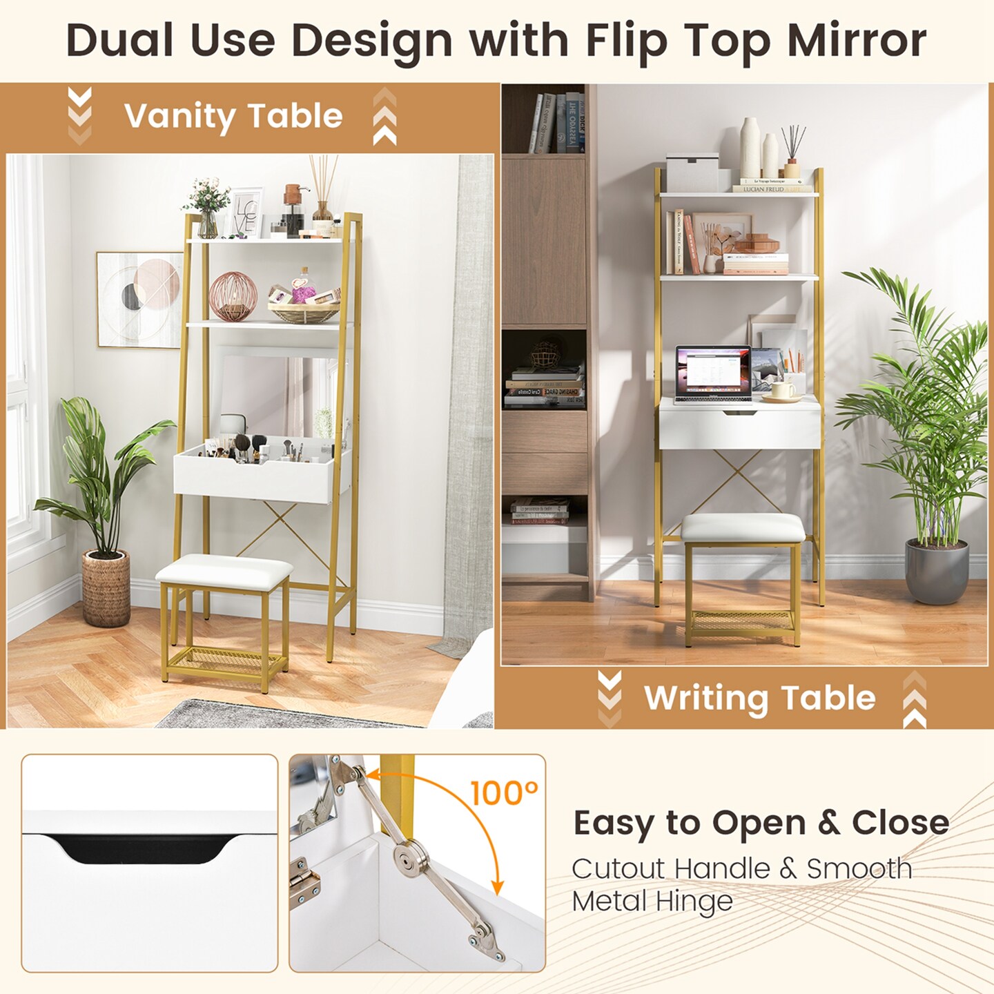 Costway Vanity Table Set Flip Top Mirror Ladder Storage Shelf Cushioned Stool Rustic