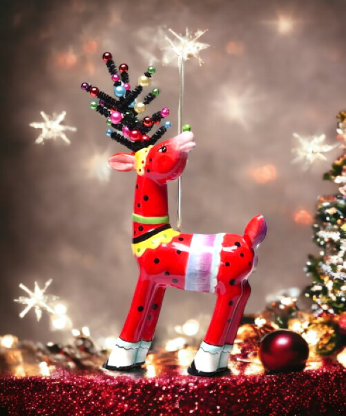 Ceramic Dotted Red Reindeer with Beaded Antlers, Home D&#xE9;cor, Gift for Her, Gift for Mom, Kitchen D&#xE9;cor, Christmas D&#xE9;cor