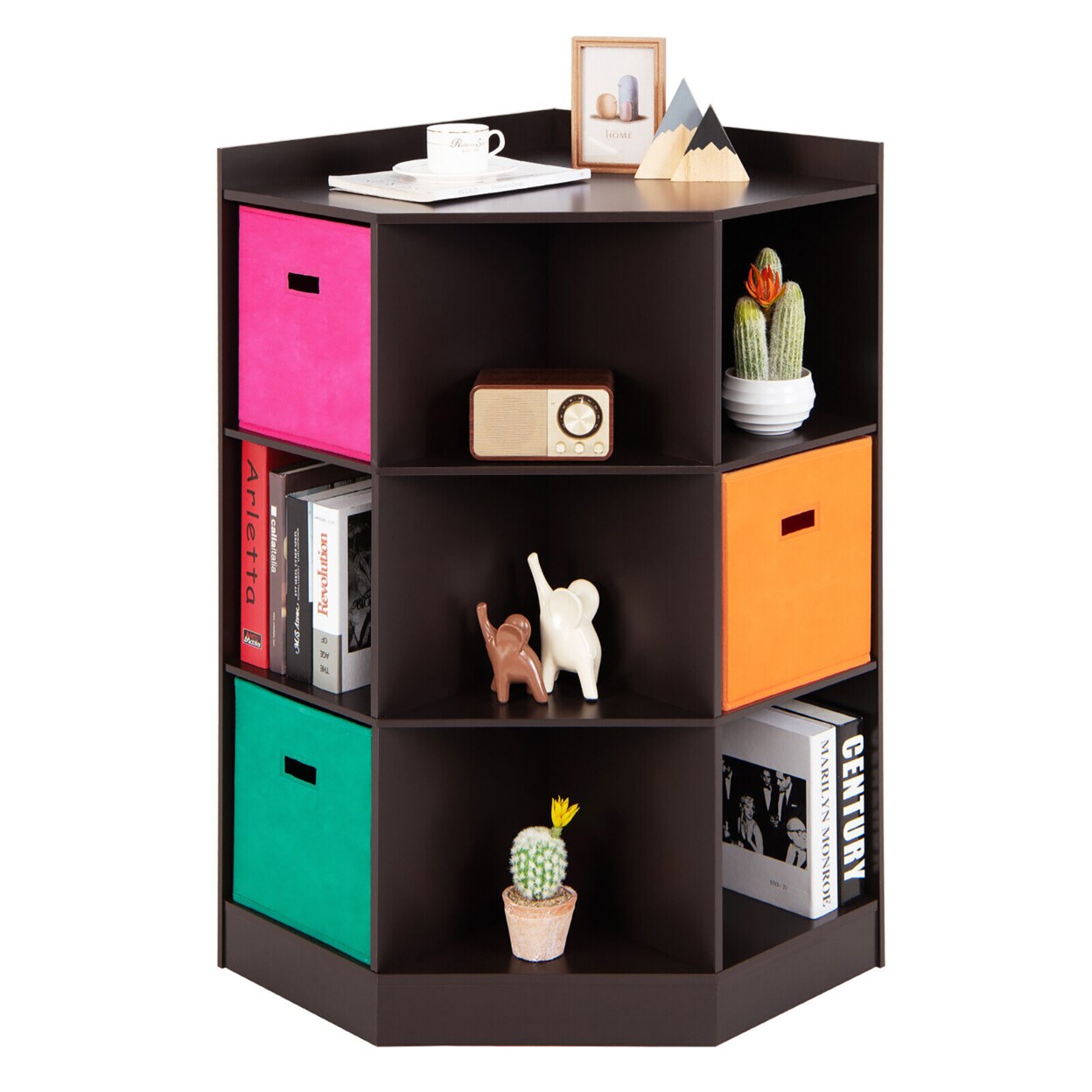Gymax 3-Tier Kids Storage Shelf Cubes w/3 Baskets Corner Cabinet Organizer Brown