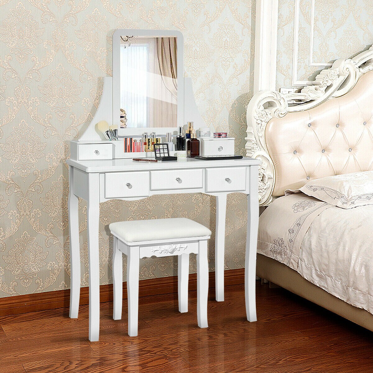 Gymax   Vanity Set W/Mirror Drawers and Removable Storage Box Makeup Dressing Table