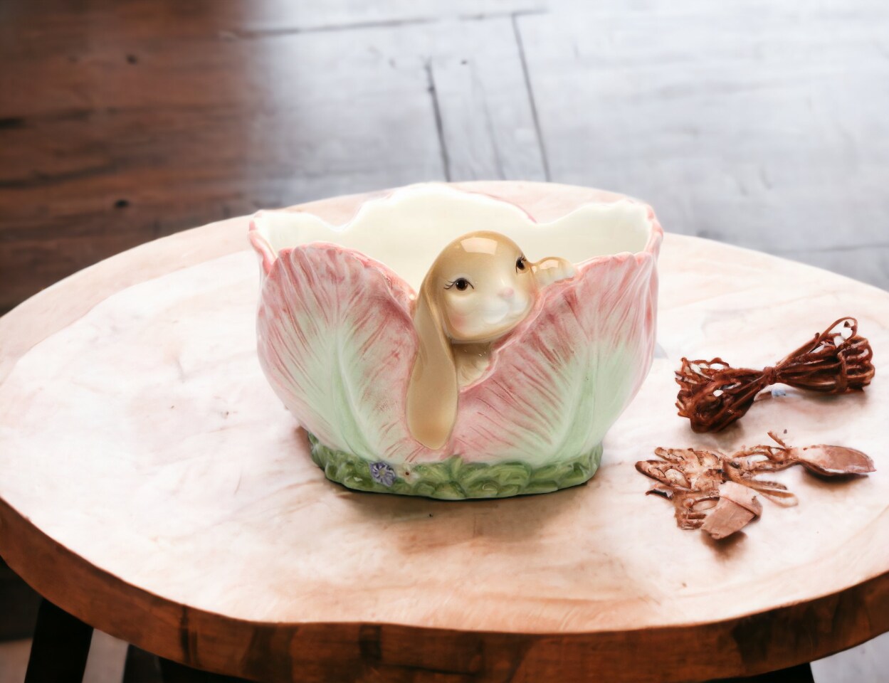 Ceramic Easter Bunny Rabbit in Flower Candy Bowl, Home D&#xE9;cor, Gift for Her, Gift for Mom, Kitchen D&#xE9;cor, Spring D&#xE9;cor