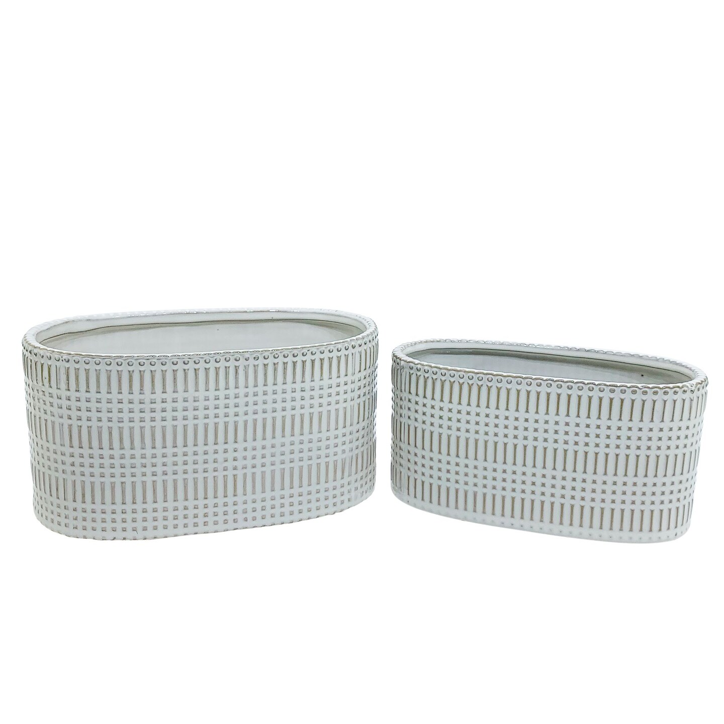 Kingston Living Ceramic Oval Line Decorative Planters - 10&#x22; - Beige - Set of 2