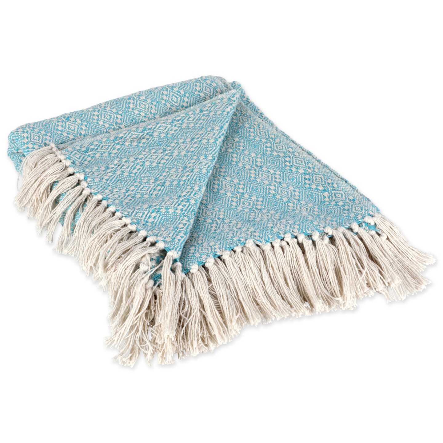 Contemporary Home Living Aqua Blue and White Diamond Knitted Fringed Throw Blanket 50&#x22; x 60&#x22;