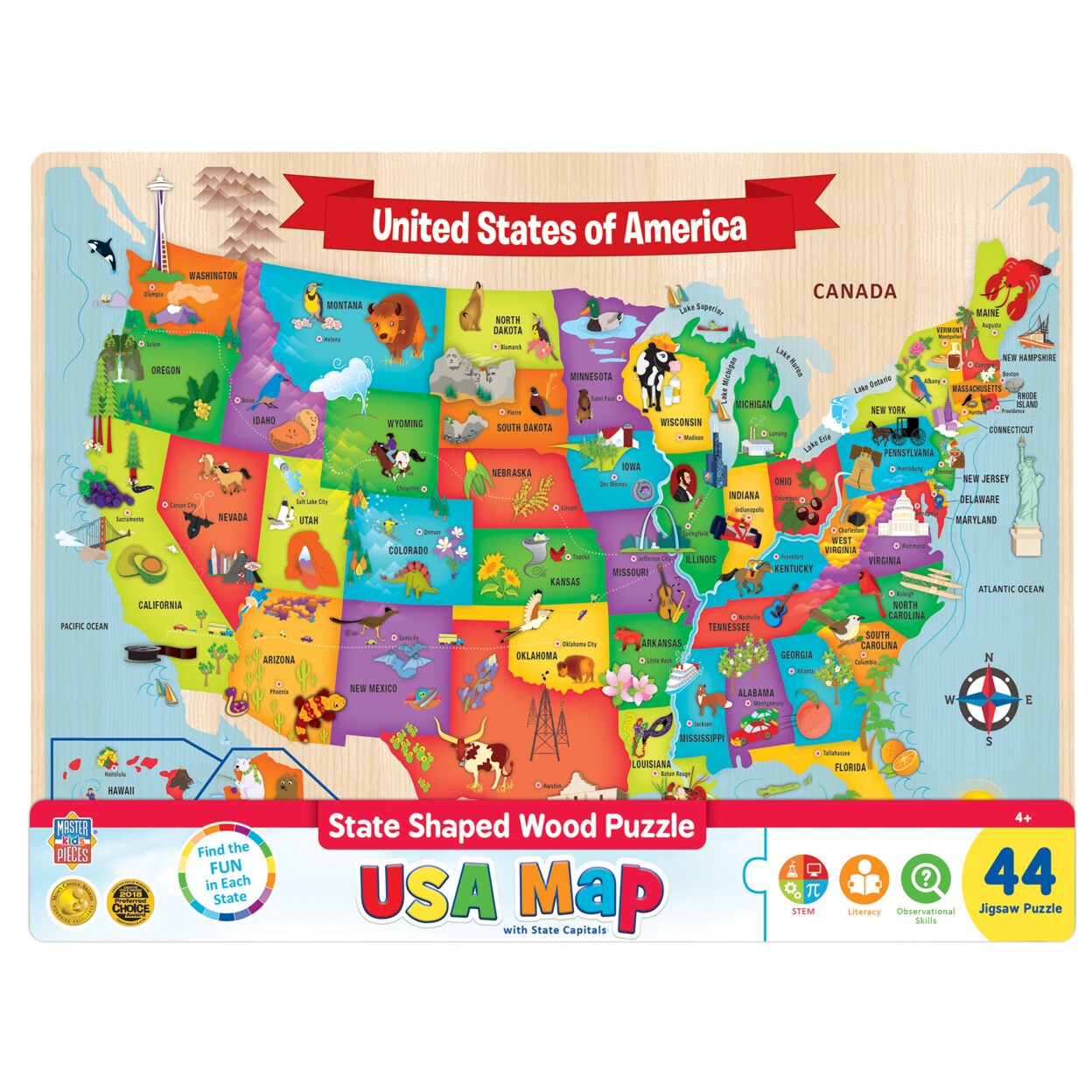 Masterpieces   44 Piece Jigsaw Puzzle for Kids - USA Wood Map - 16.5&#x22;x11.8&#x22;