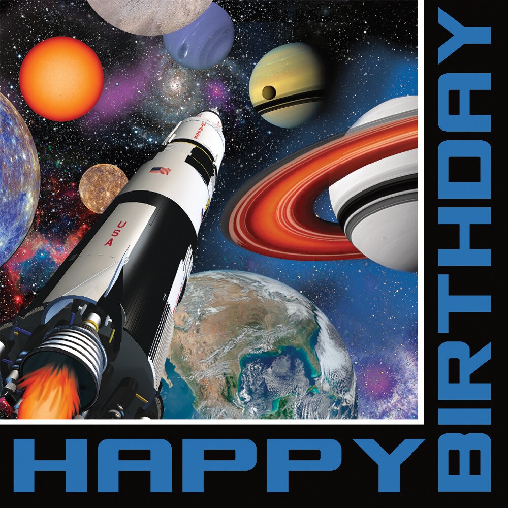 Party Central 3-Ply Space Blast Happy Birthday Disposable Luncheon Napkins - 6.5&#x22; - Multicolor - Club Pack of 192