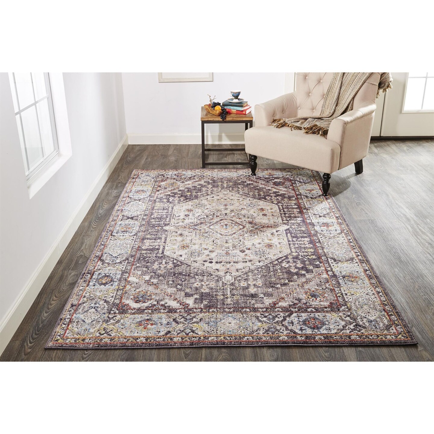 Feizy Home Collection 2&#x27; x 3&#x27; Gray and Purple Medallion Rectangular Area Throw Rug