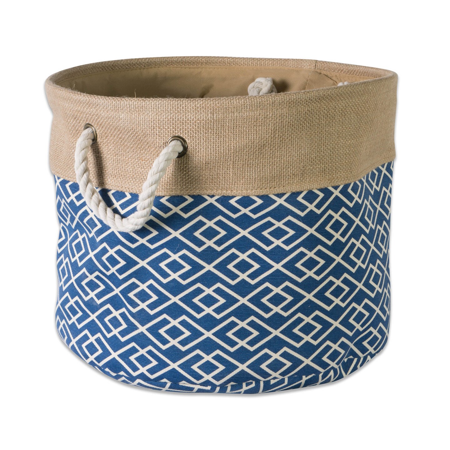 Contemporary Home Living 15&#x22; White and Blue Round Medium Storage Basket with Diamond Design