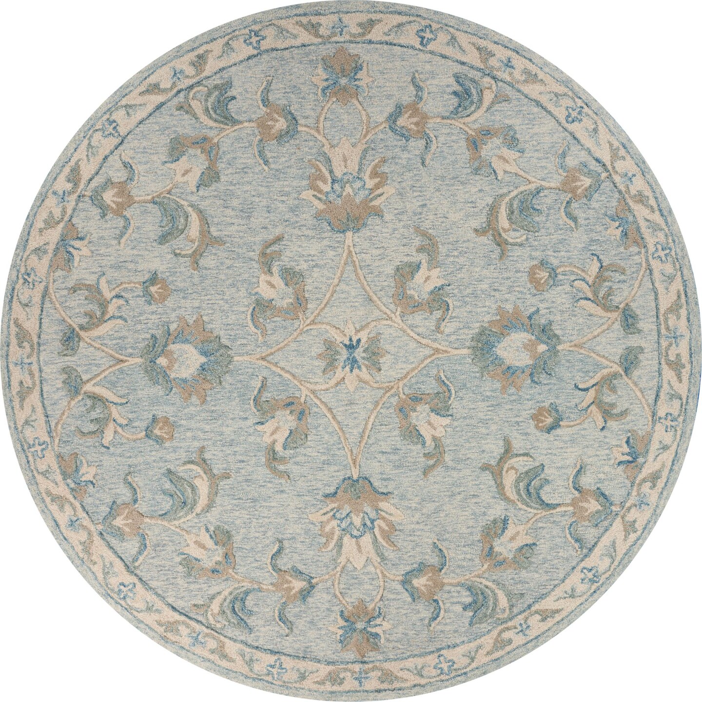 Laddha Home Designs 7.25&#x27; Blue and Beige Floral Hand Tufted Round Area Throw Rug