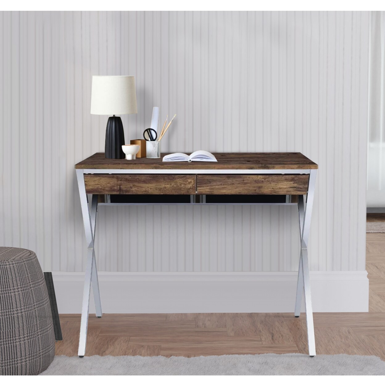 Saltoro Sherpi 36 Inch Modern Office Desk, 2 Drawers, X Shape Frame, Wood, Oak, Chrome-